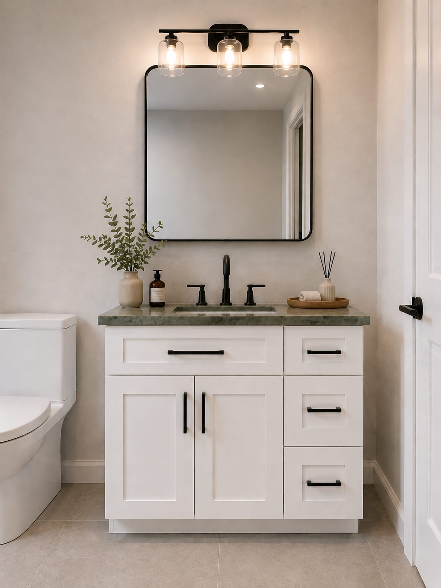 White bathroom vanity with black hardware and arched mirror