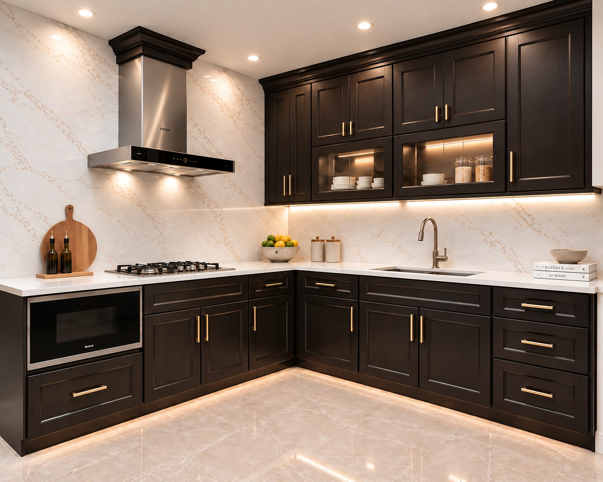 Black kitchen with gold trim hood and lit glass shelves