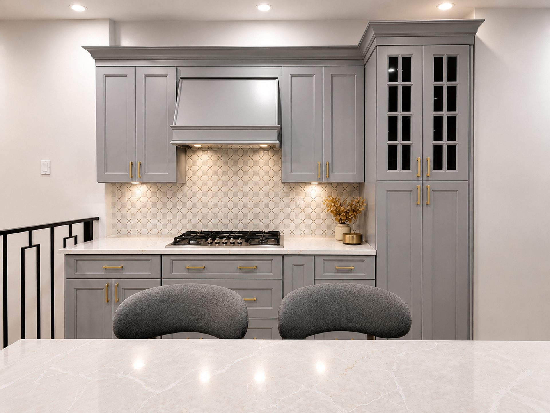 Blue gray kitchen with island
