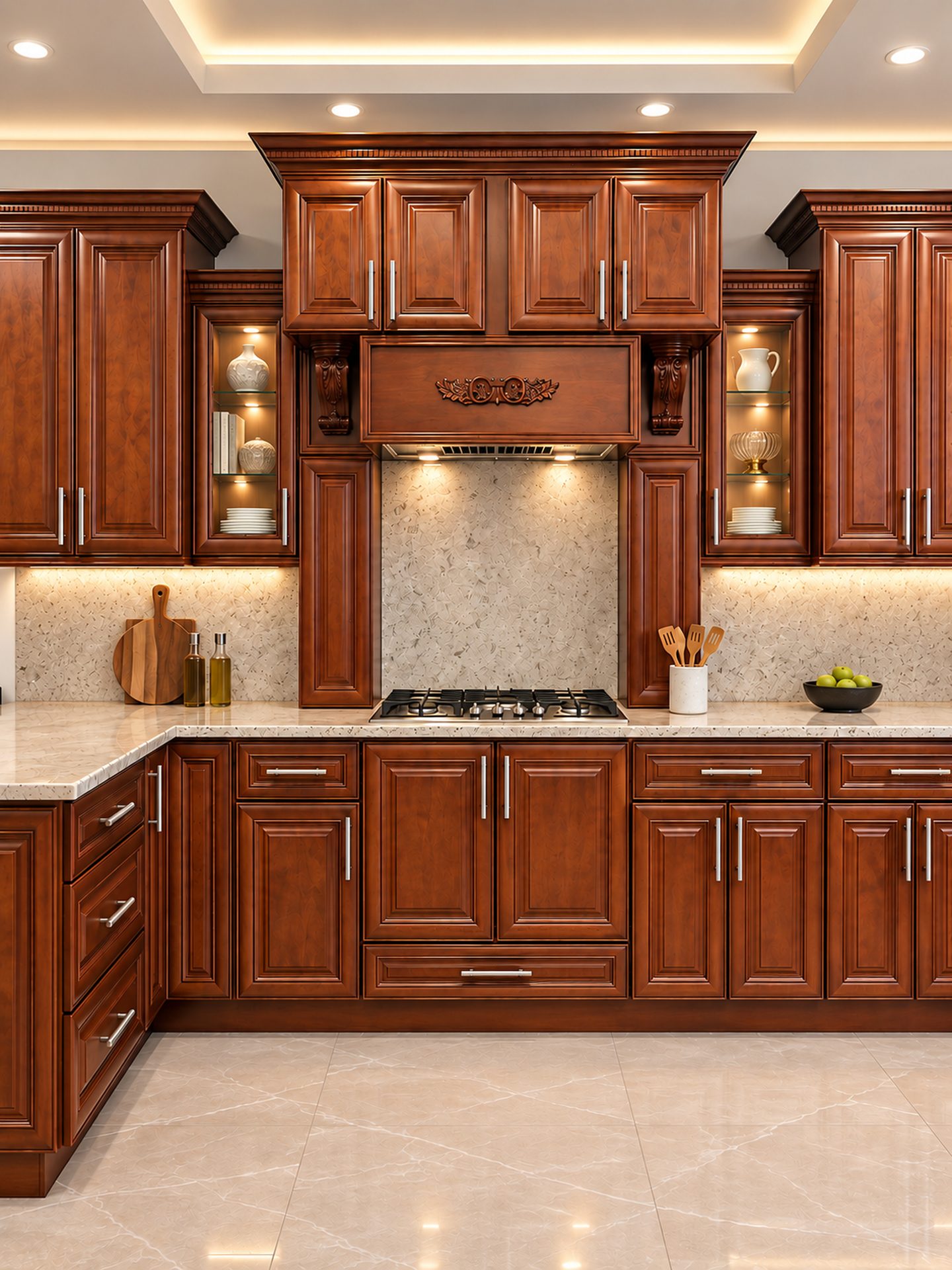 Cherry kitchen with arched range hood alcove