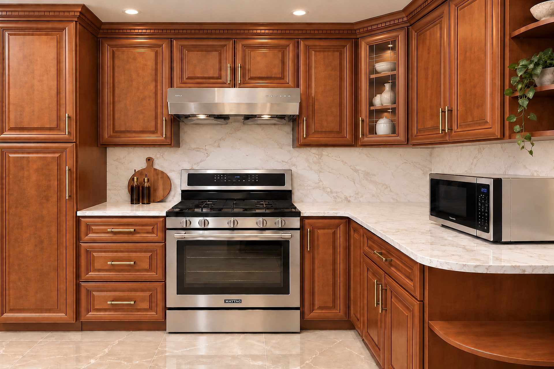 Cherry kitchen with wood range hood