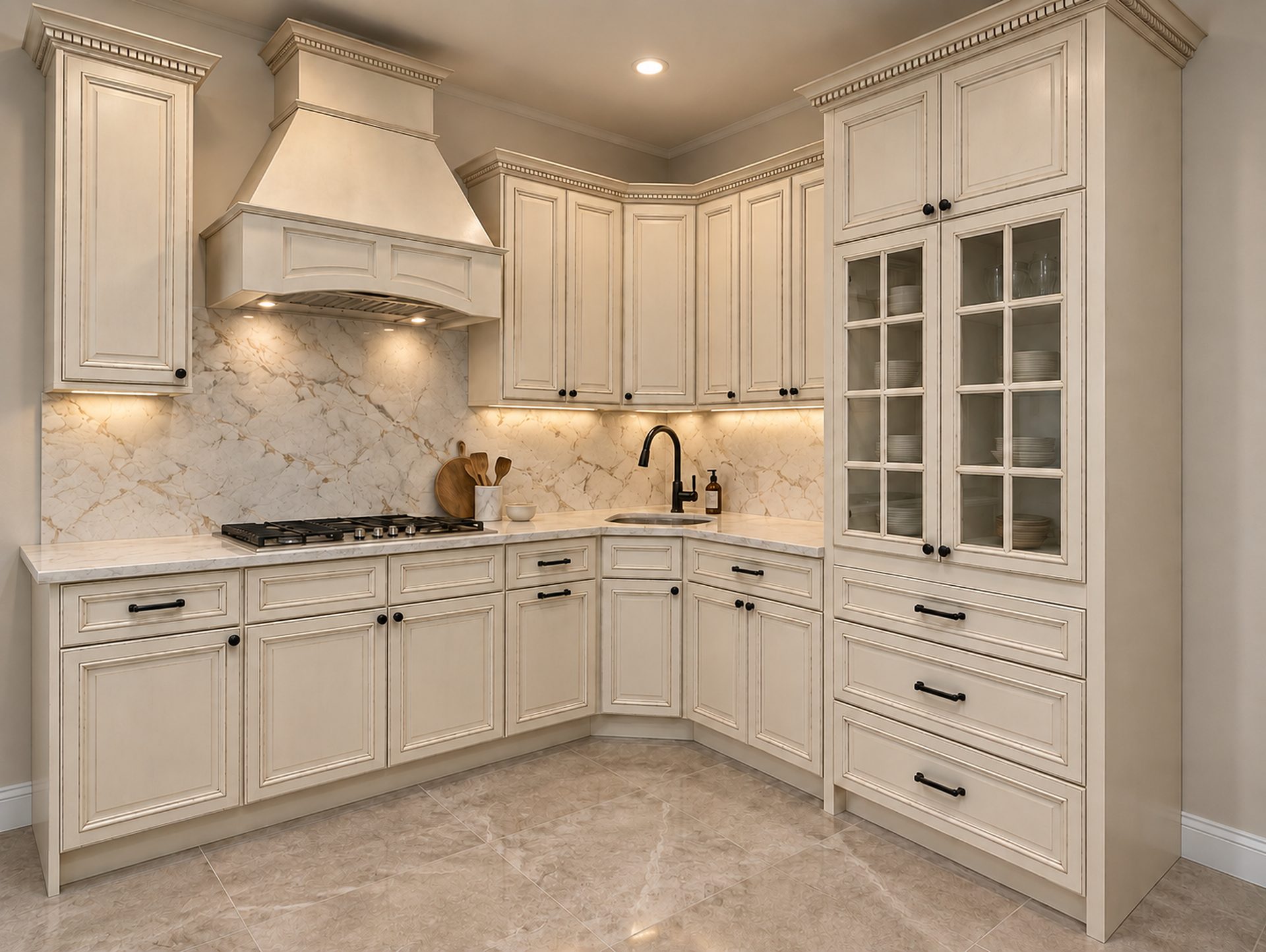 Cream raised panel kitchen with glass front cabinets