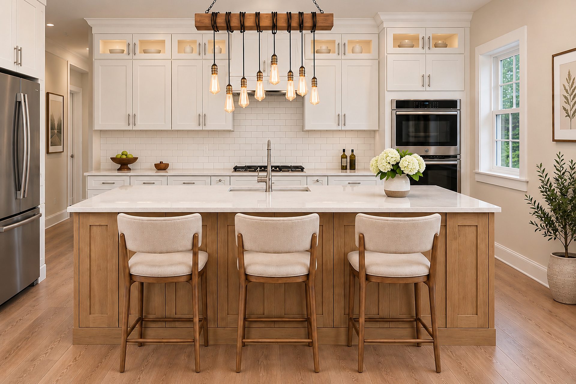 Cream kitchen with gold hardware, island seating and chandelier