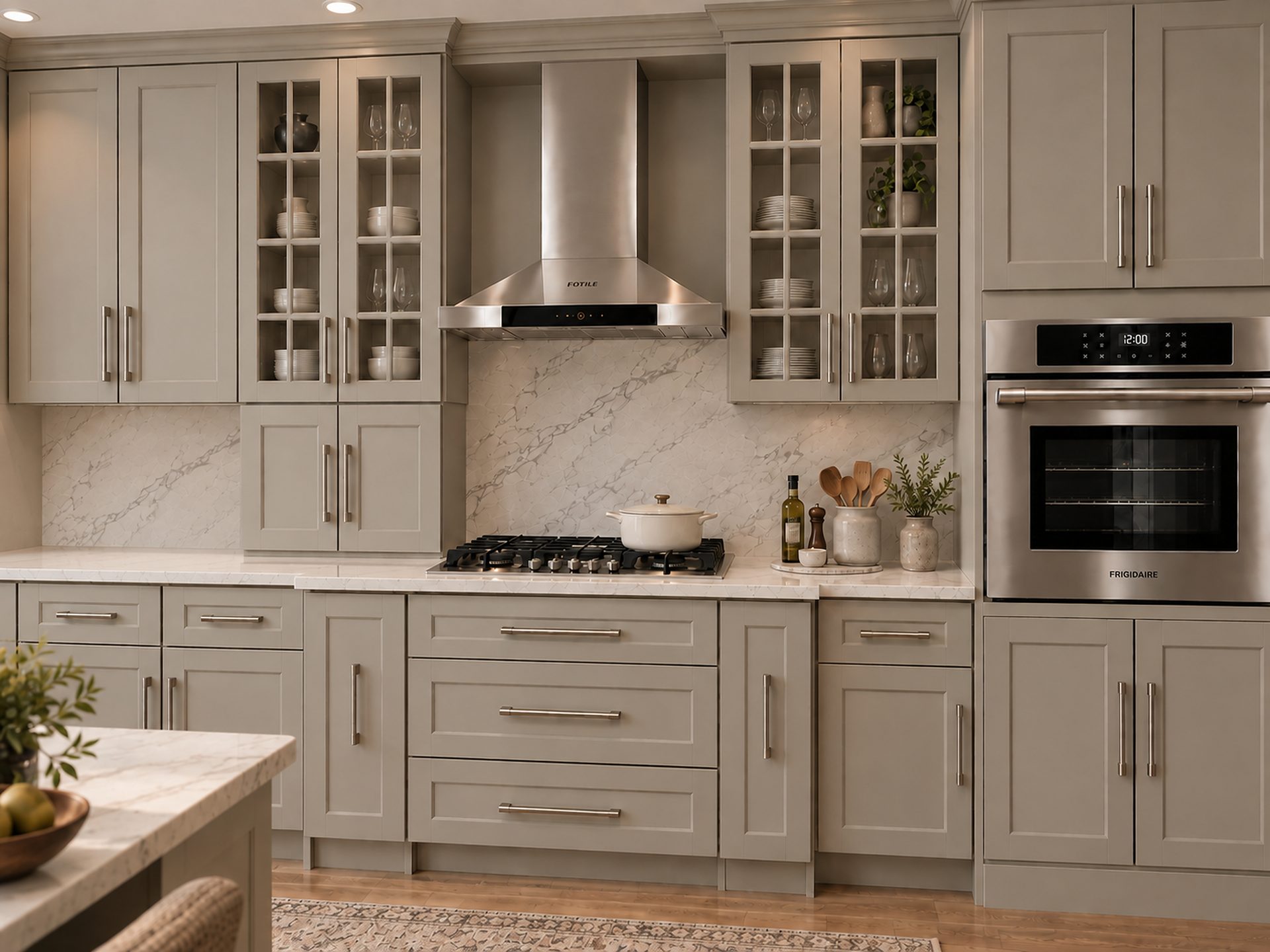 Classic cream kitchen with pot filler and glass corner cabinets