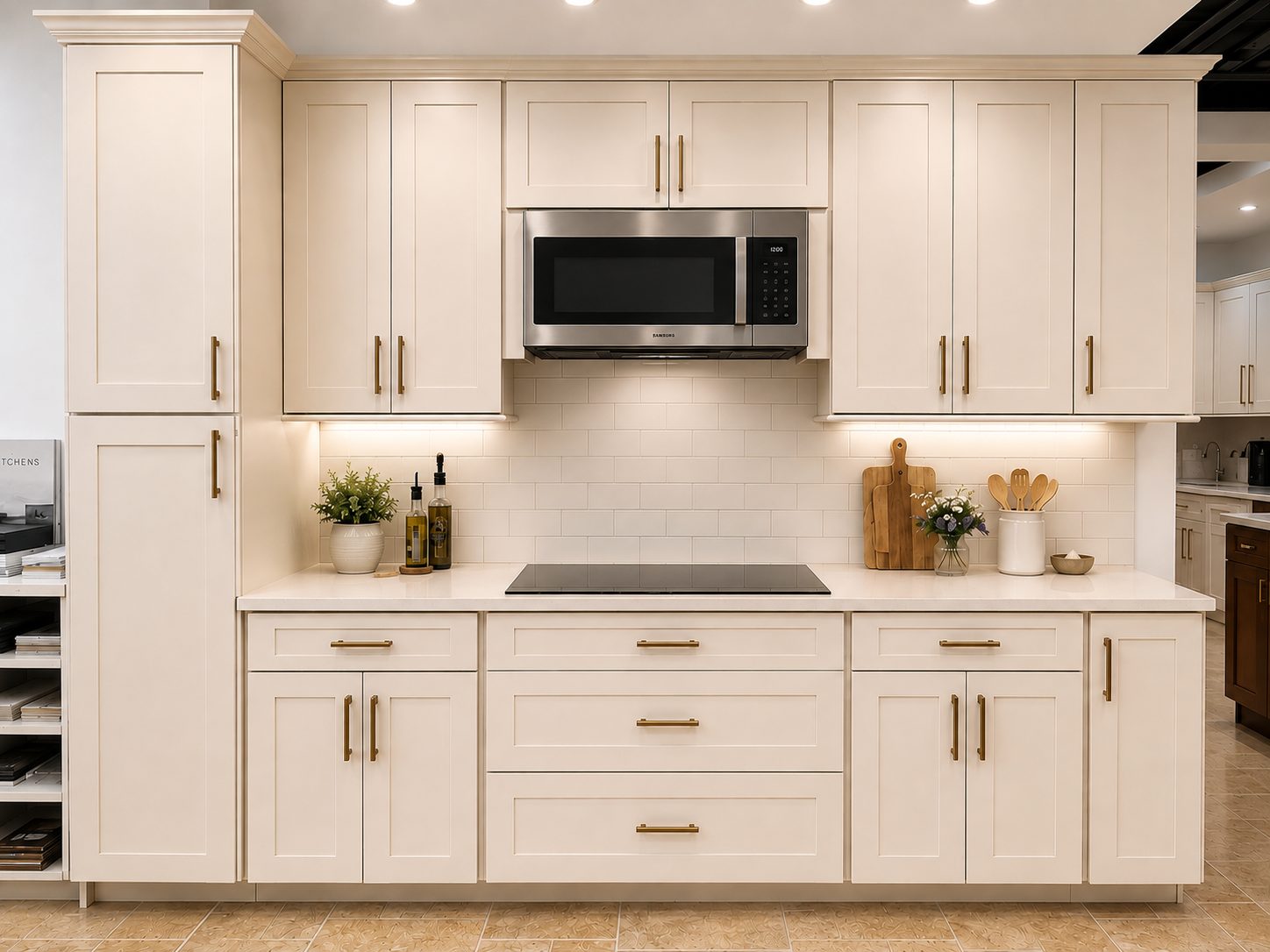 Cream straight-on kitchen with tile backsplash