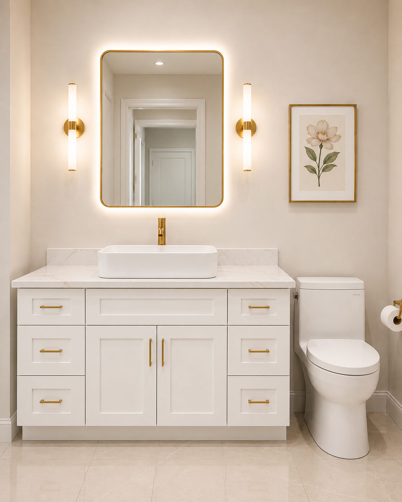 White bathroom vanity with gold framed mirror