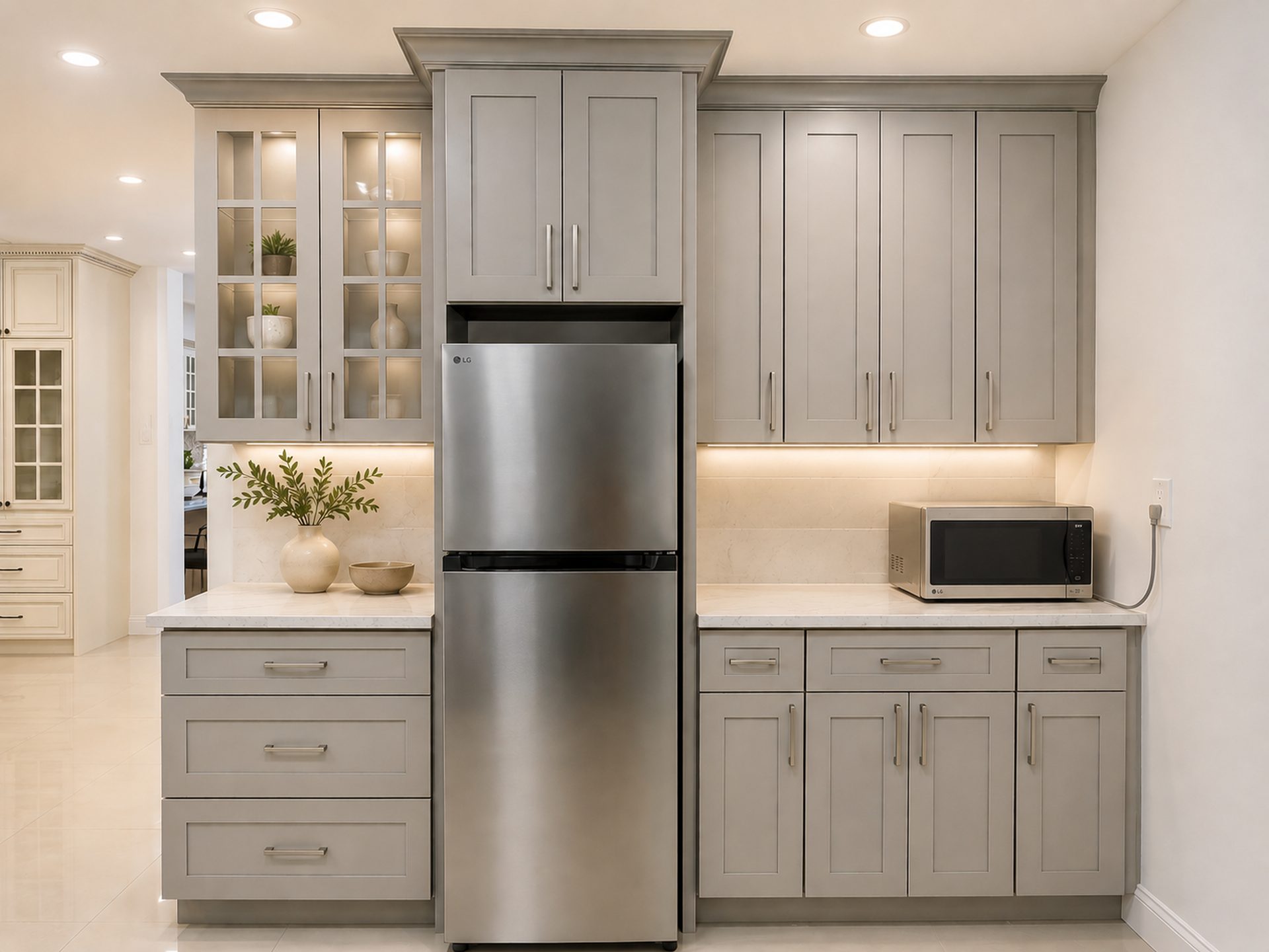 Gray kitchen with refrigerator flanked by pantry cabinets