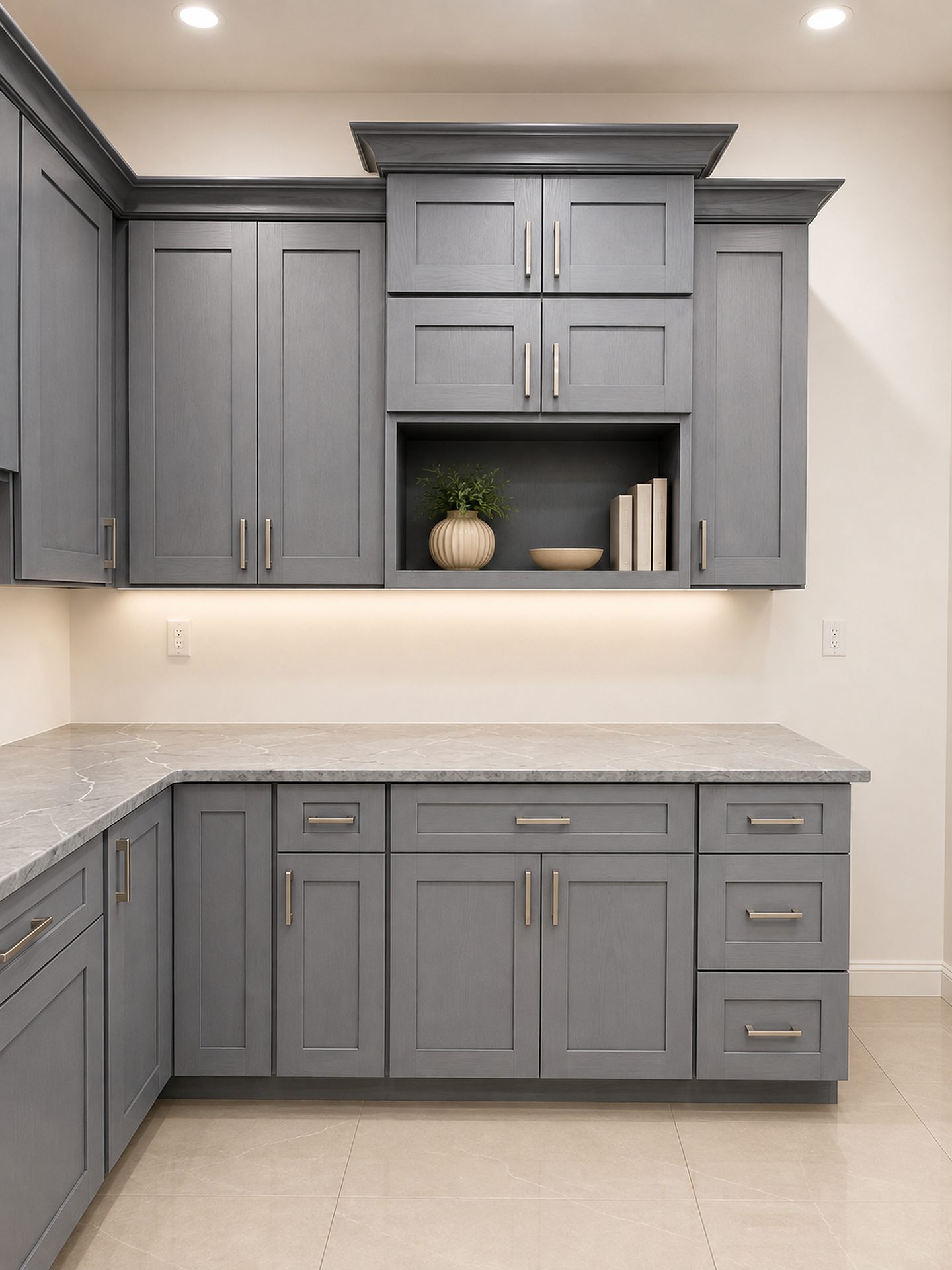 Gray shaker kitchen with quartz countertops