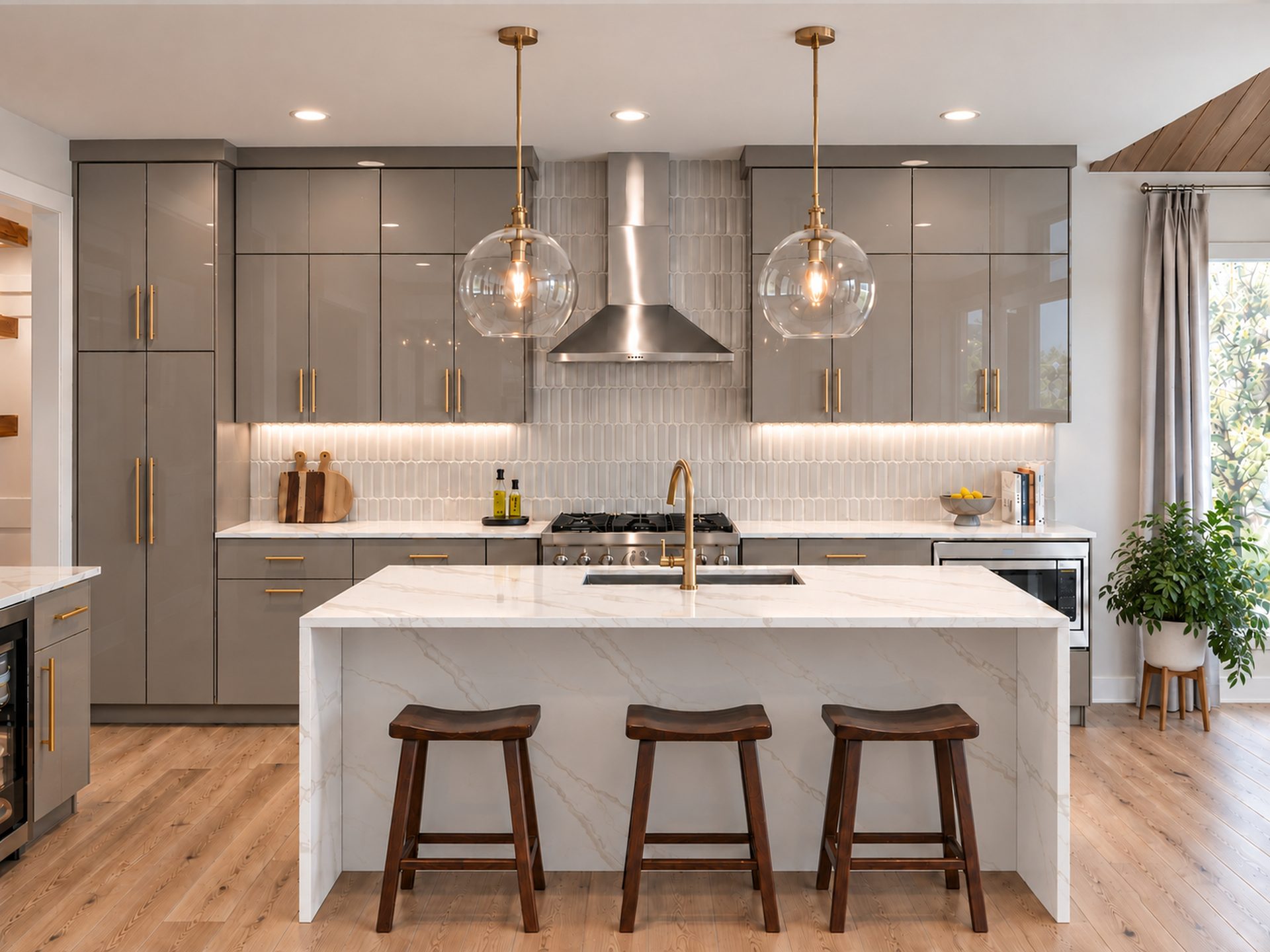 Gray kitchen with white island and window backsplash