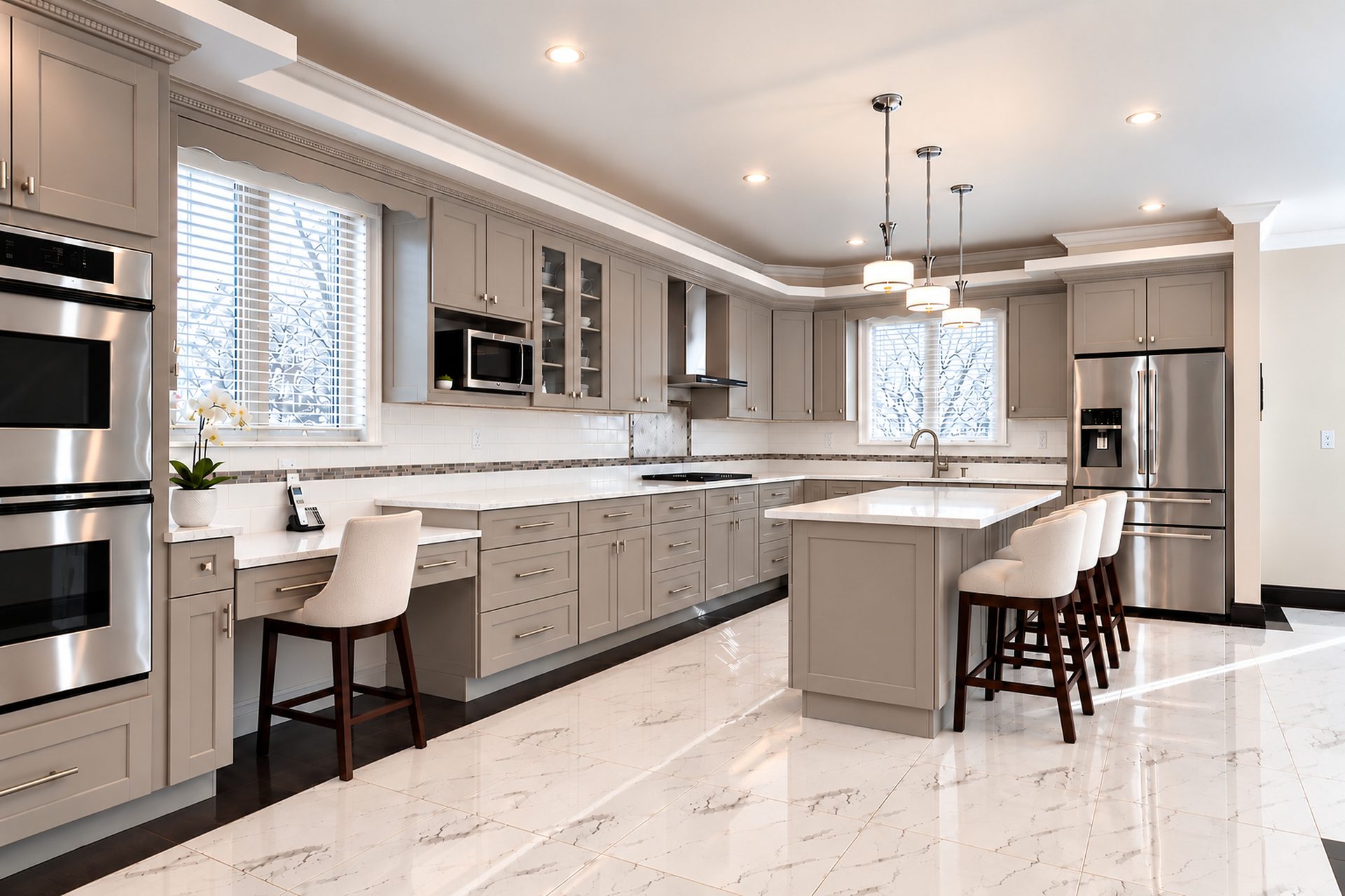White handleless kitchen with long island and window backsplash