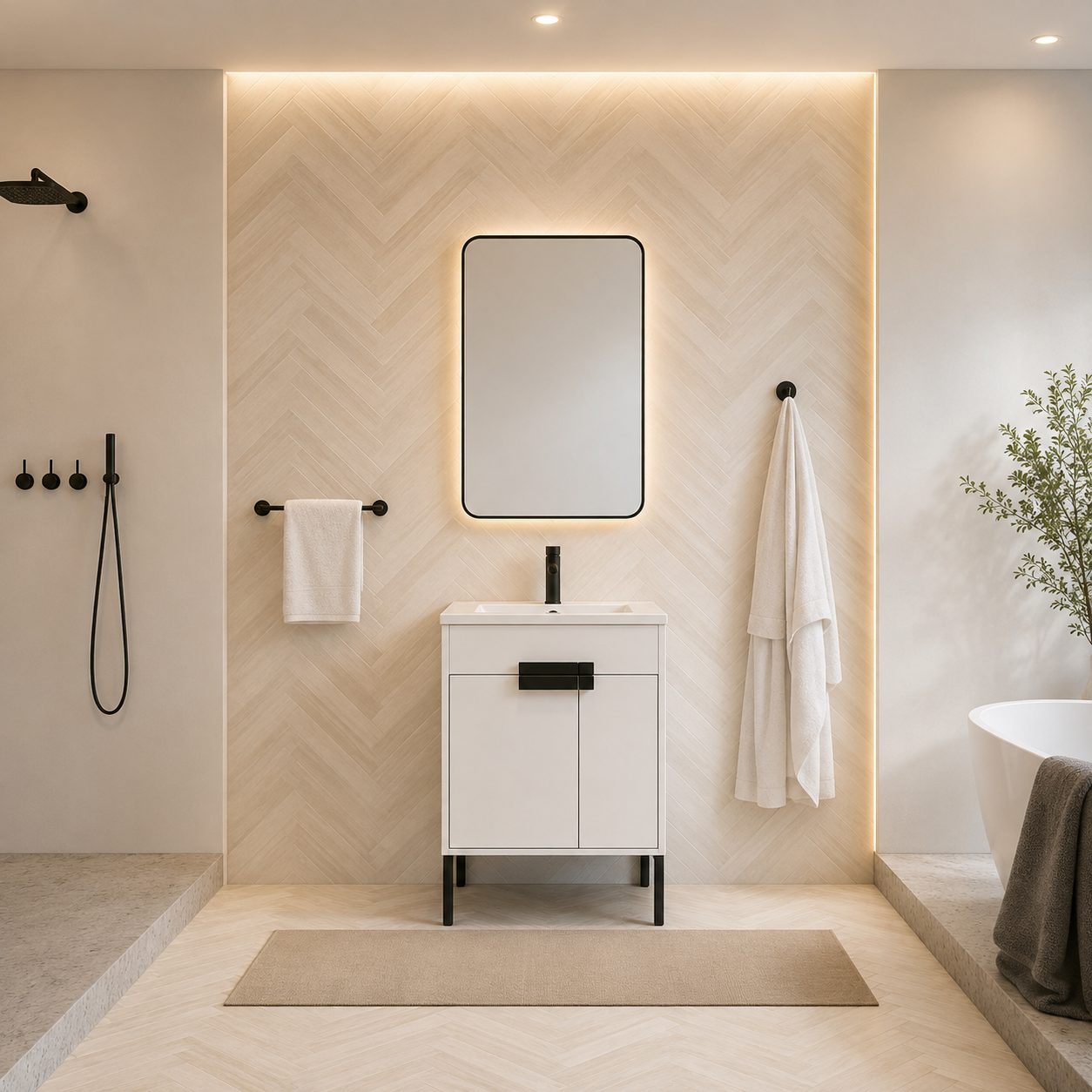Warm minimalist bathroom with herringbone tile and white vanity