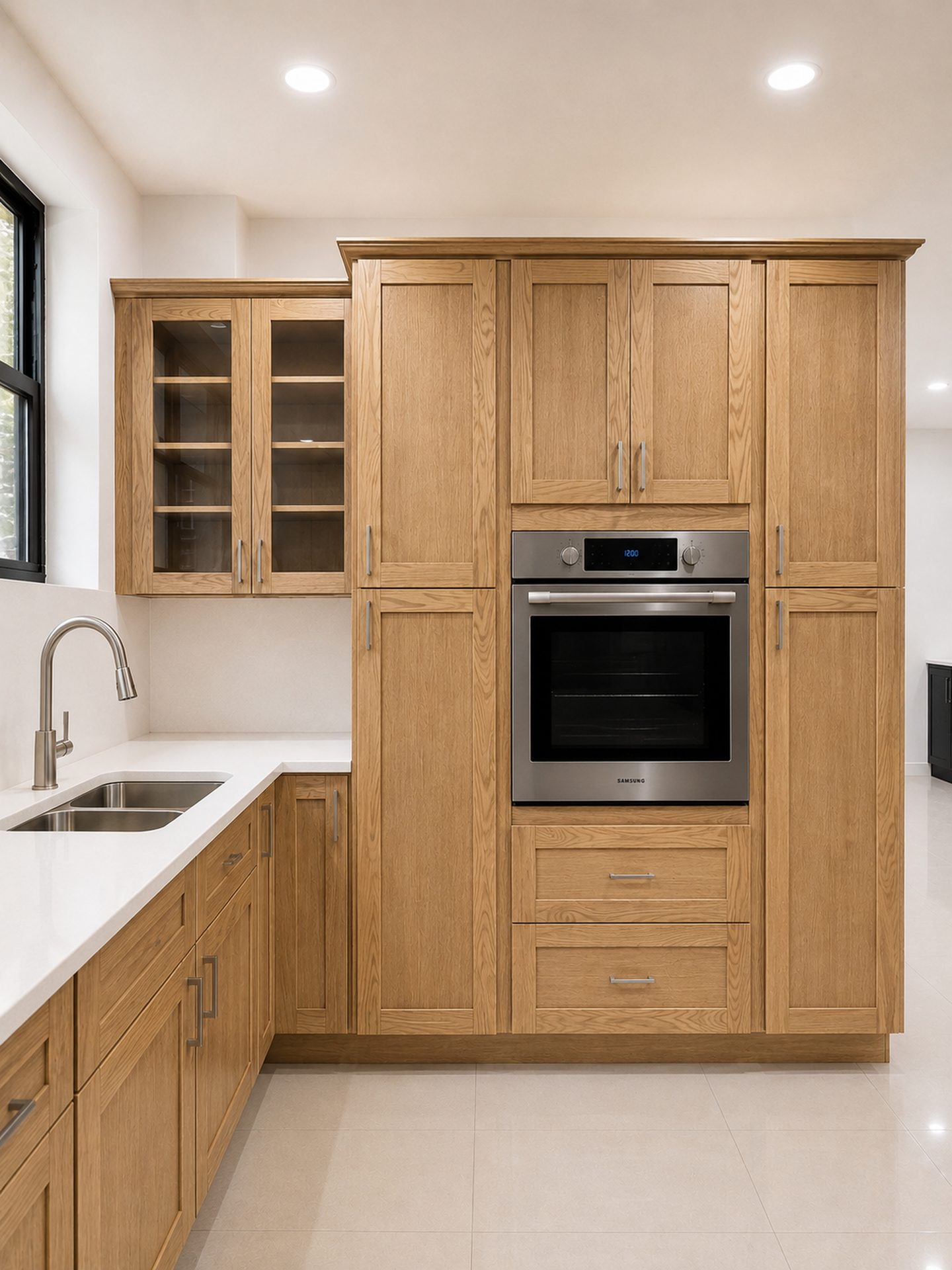 Honey oak shaker kitchen with glass front cabinets