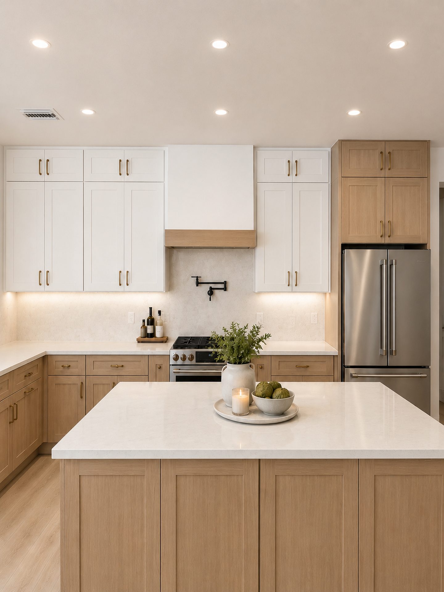 White kitchen with light wood two-tier island