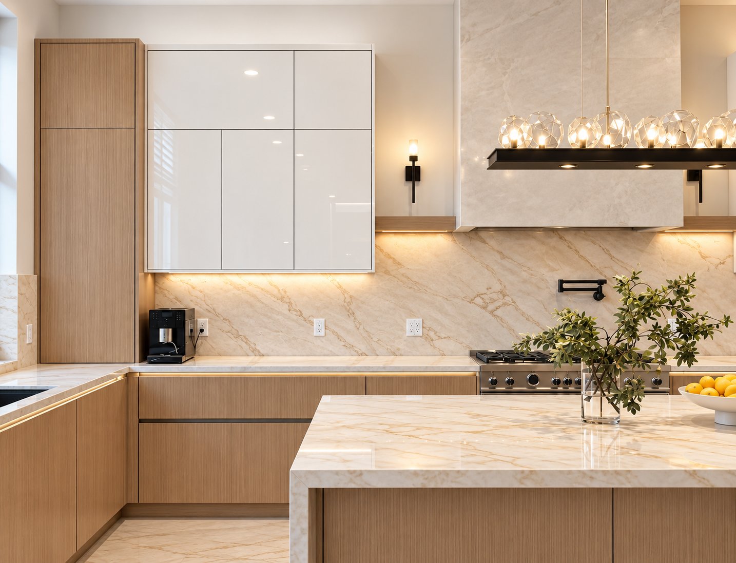 Modern flat panel kitchen with white marble waterfall island