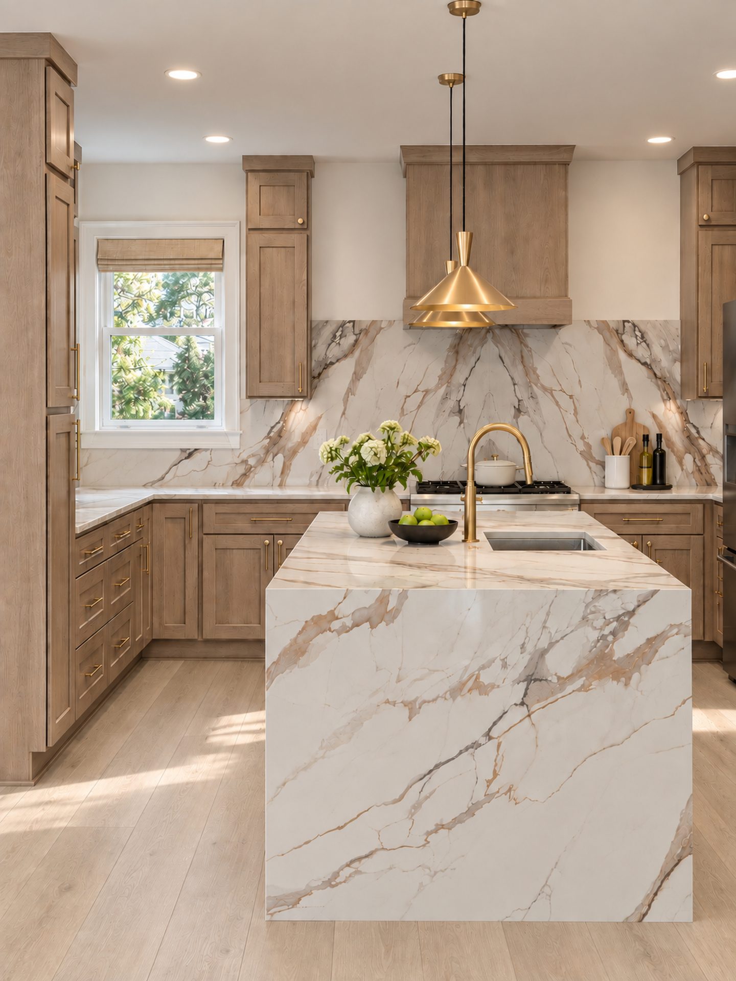 Light wood kitchen with marble waterfall island