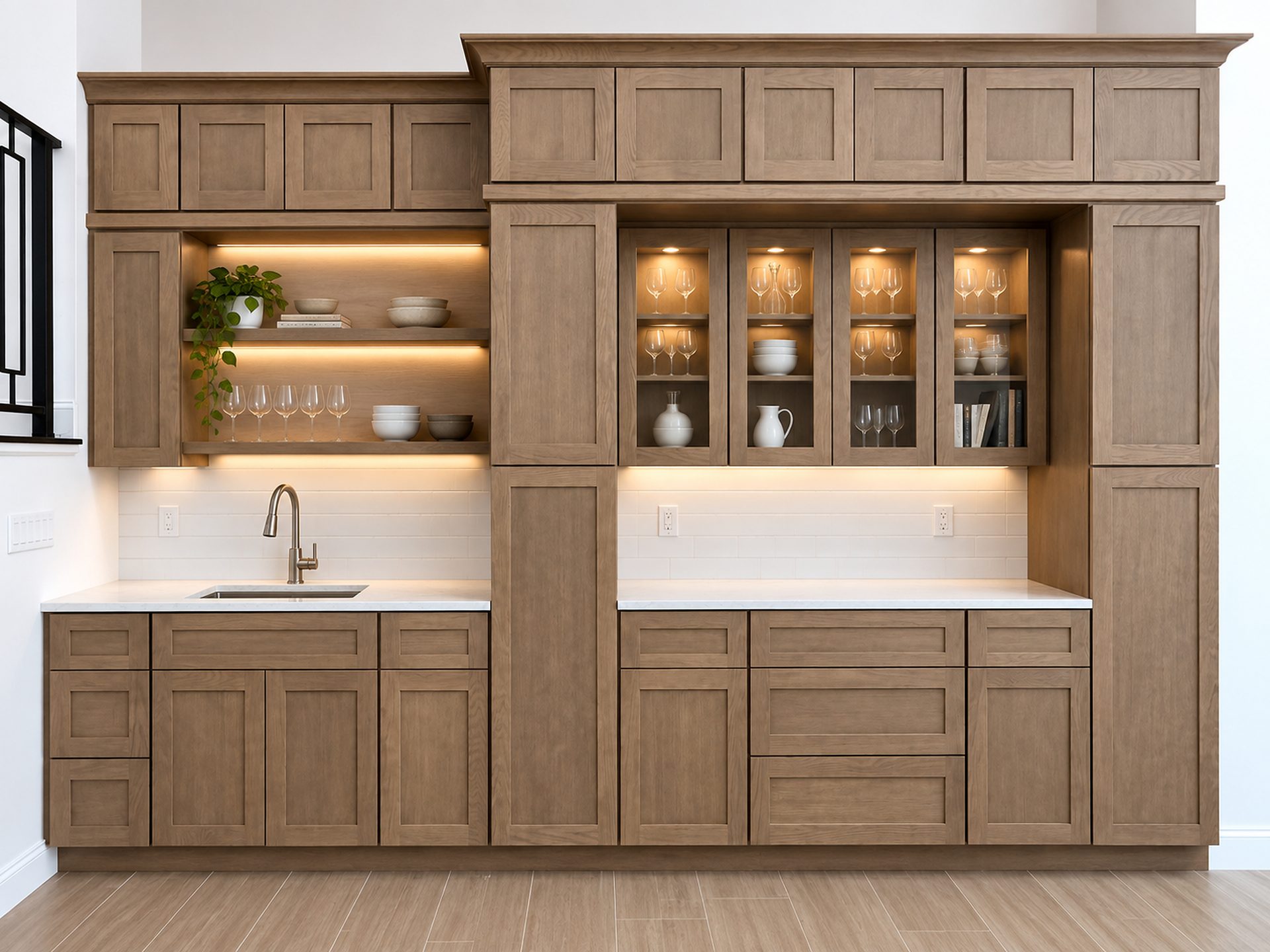 Light oak kitchen with open wine shelving niche