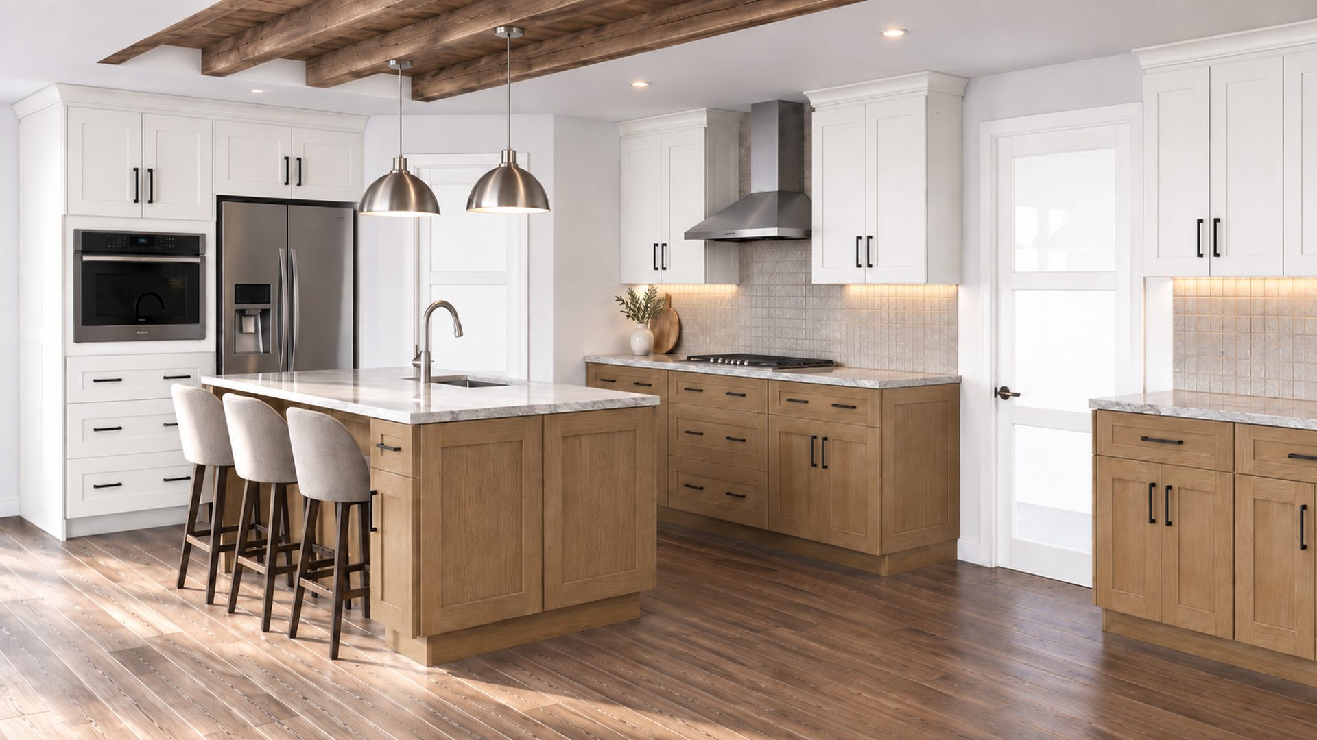 Light wood and white kitchen with wood ceiling beams