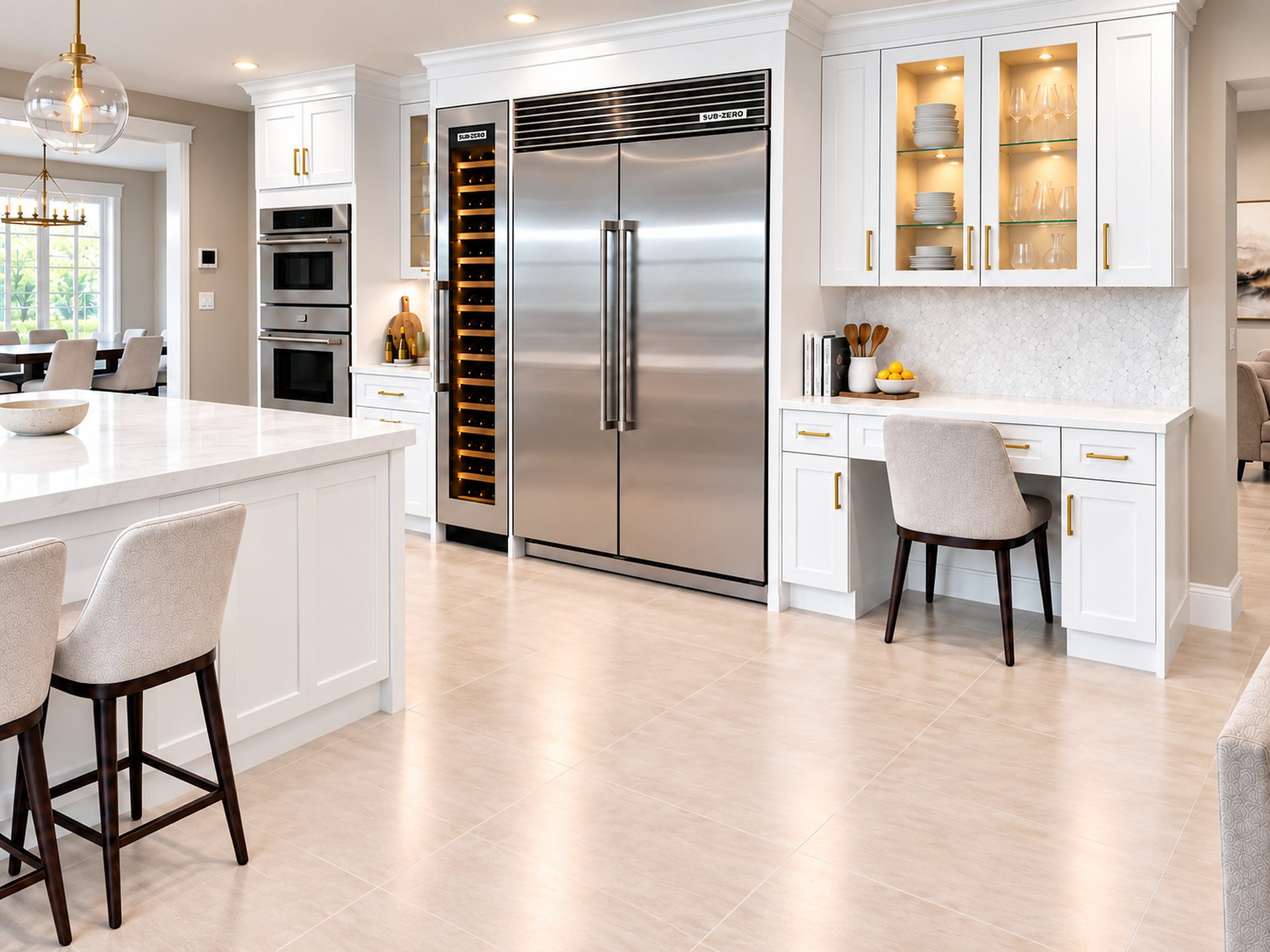 White kitchen with glass upper cabinets and statement refrigerator