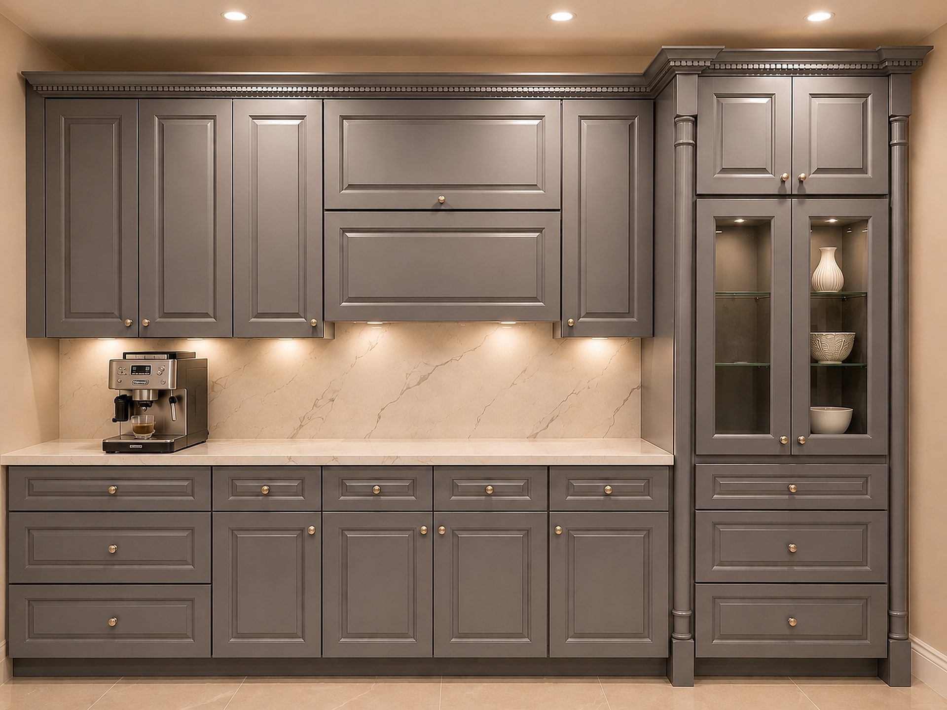 Taupe kitchen with glass upper cabinets and under-cabinet lighting