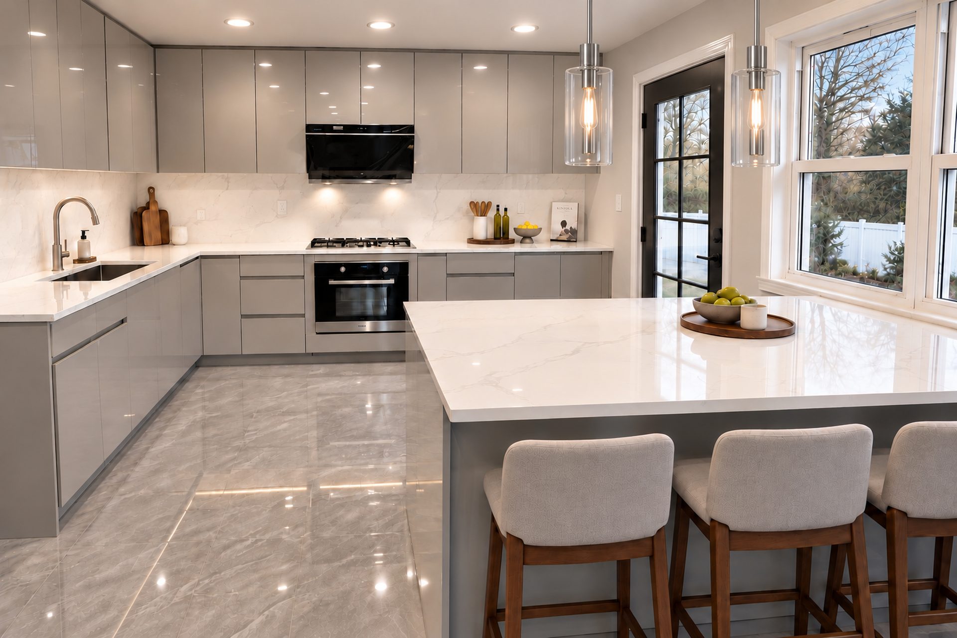 Two-tone white and gray kitchen with peninsula seating