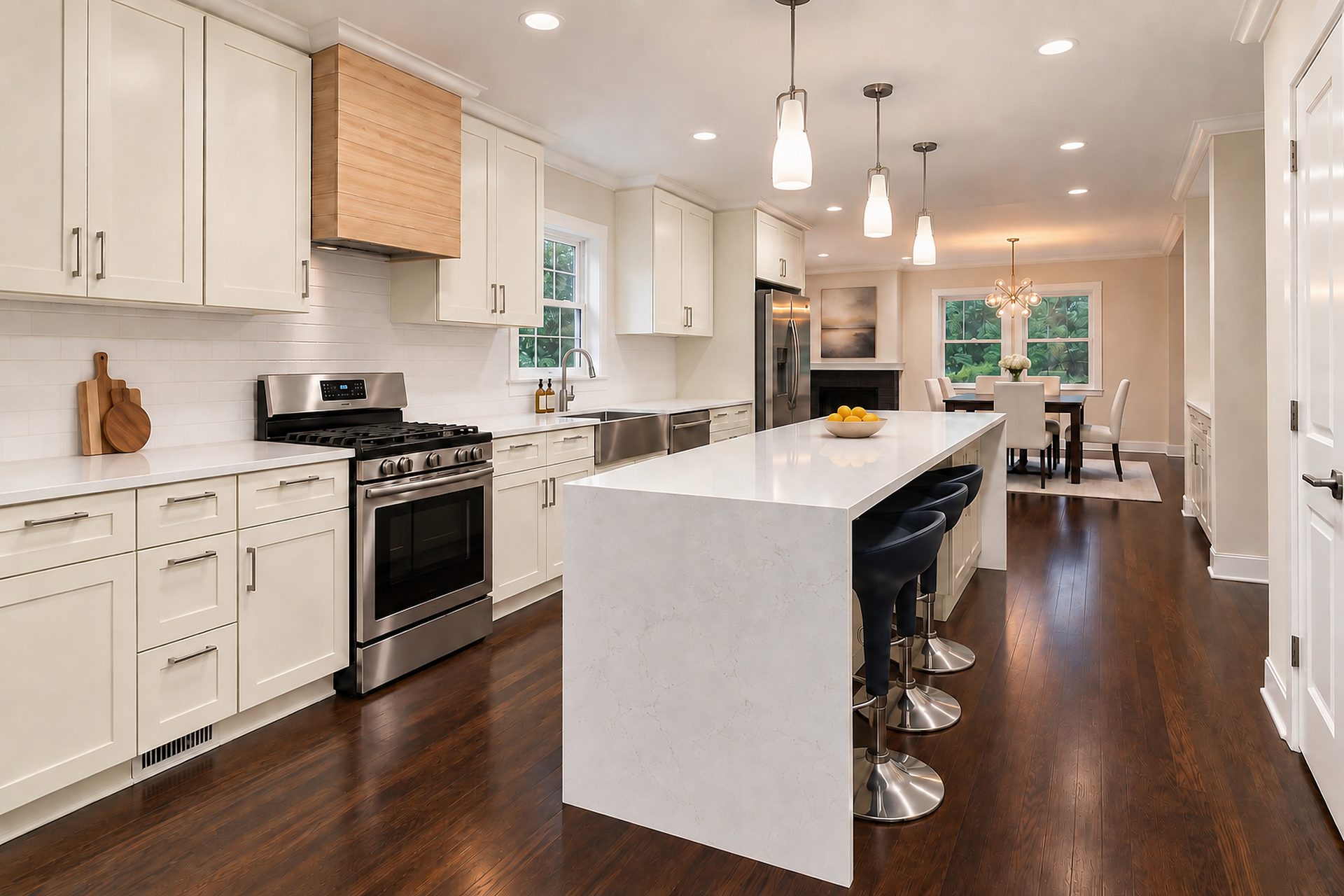 White shaker kitchen with gold hardware and long marble island