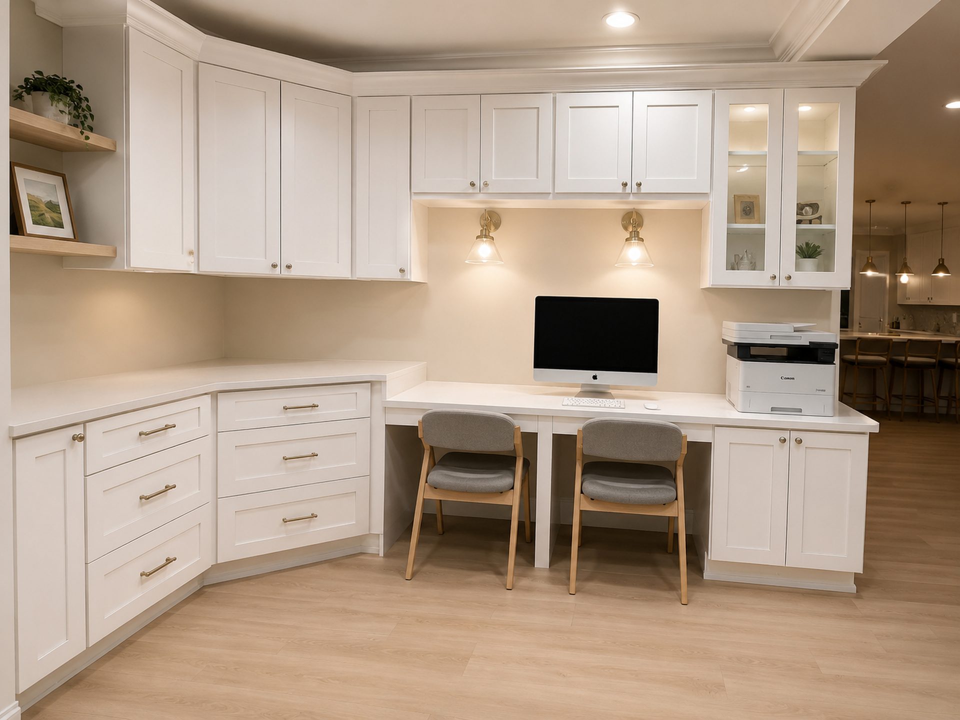 White home office built-ins with desk
