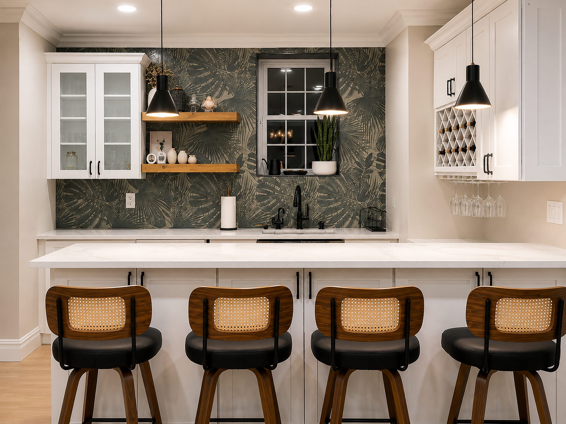 White kitchen with bar seating and wine shelving