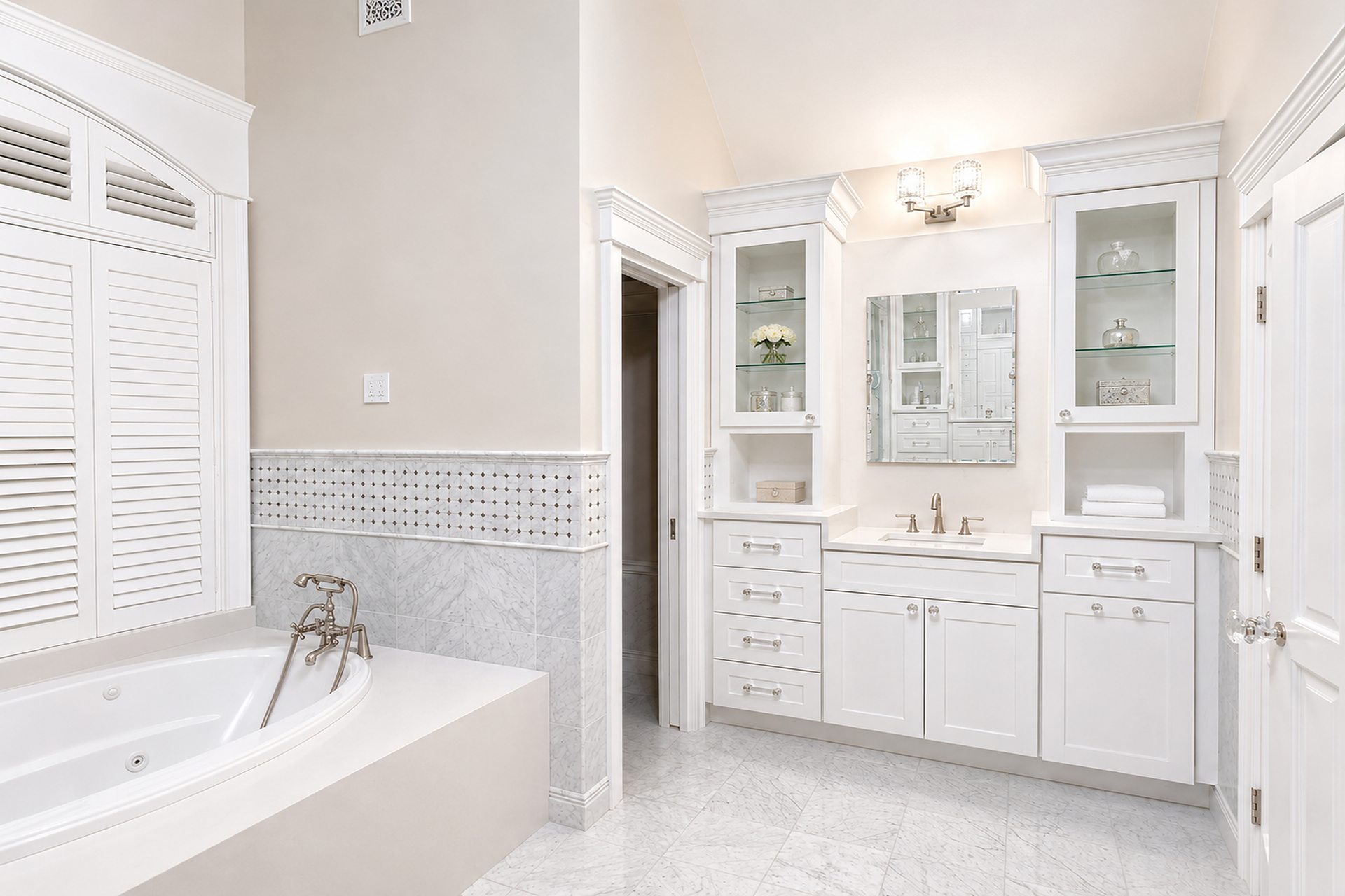 Primary suite bathroom with shaker cabinets